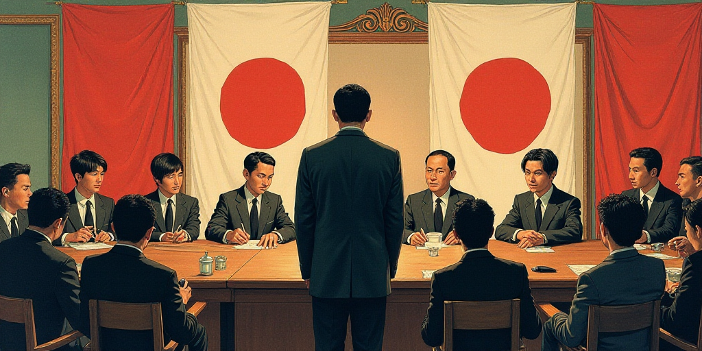 a group of people sitting at a table with flags in the background of them and a man standing at the