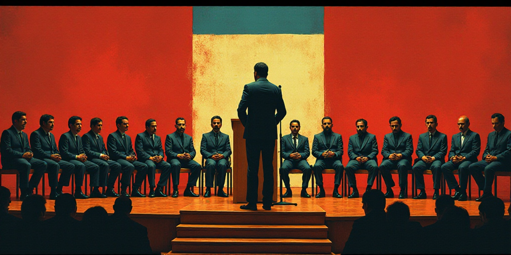 a group of people sitting at a podium in front of a microphone and a flag behind them with a man sta