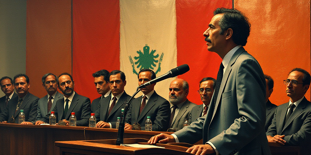 a group of people sitting at a podium in front of a microphone and a flag behind them with a man sta