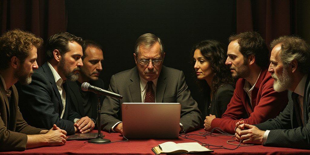 a group of people sitting at a table with a laptop computer in front of them and a microphone in fro