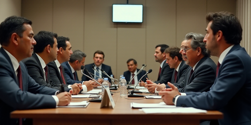a group of people sitting at a table with microphones in front of them and a sign in the background,