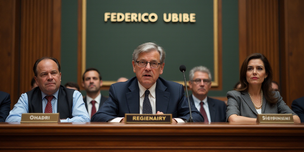 a group of people sitting at a table with a microphone in front of them and a sign behind them, Fede