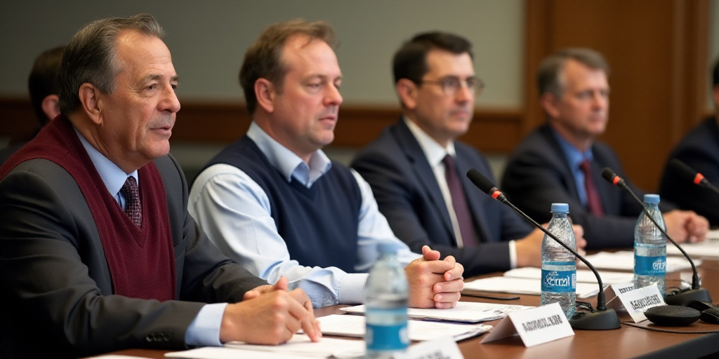 a group of people sitting at a table with papers and water bottles on it and a man in a maroon vest,