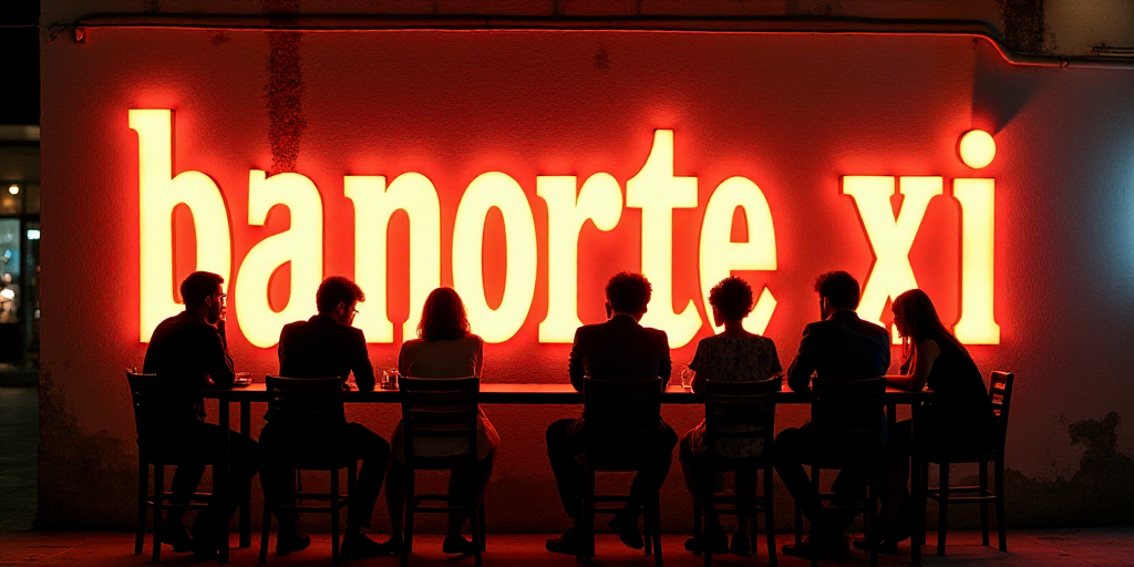 a group of people sitting at a table in front of a sign that says banorte xi, Félix Arauz, panorami