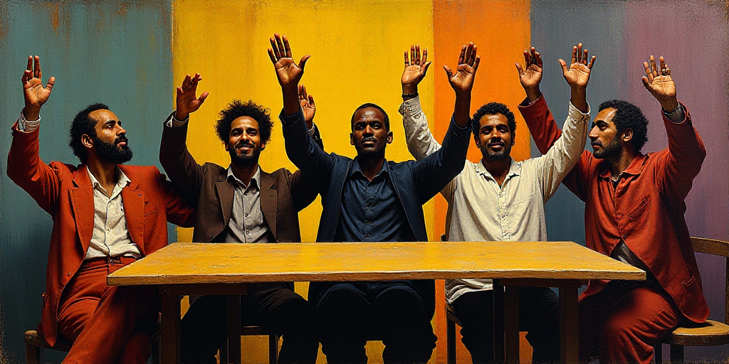 a group of people sitting at a table with their hands up in the air in front of them and a sign in t