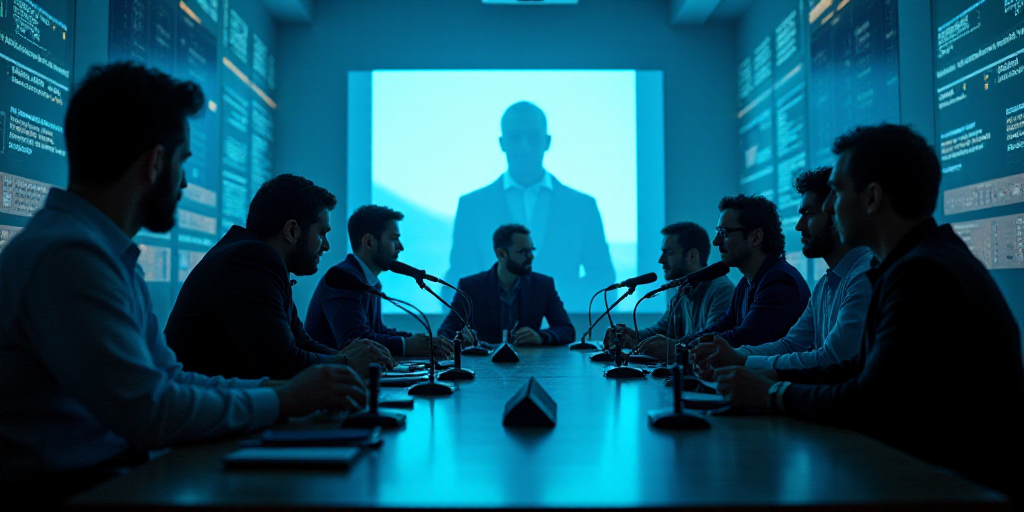 a group of people sitting at a table with microphones in front of them and a screen behind them, Cef
