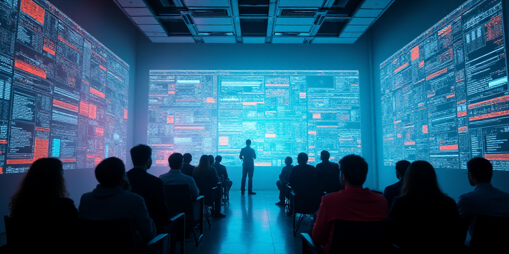 a group of people sitting in a room with a lot of lights on the ceiling and a lot of data on the wal