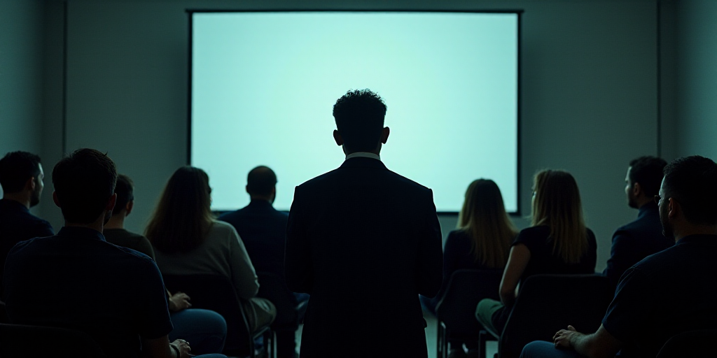 a group of people sitting in front of a screen with a projector screen behind them and a camera man