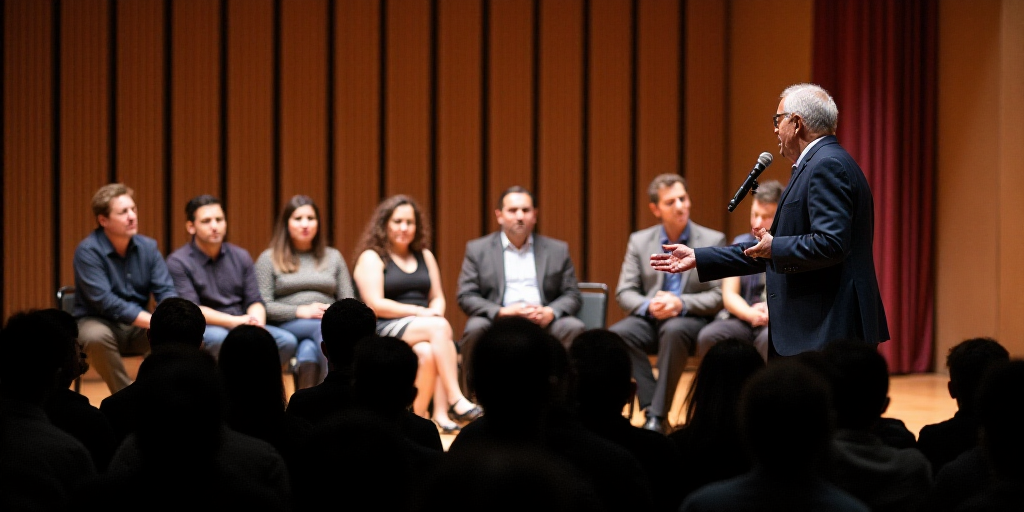 a group of people sitting on a stage with a microphone in front of them and a speaker at the front o