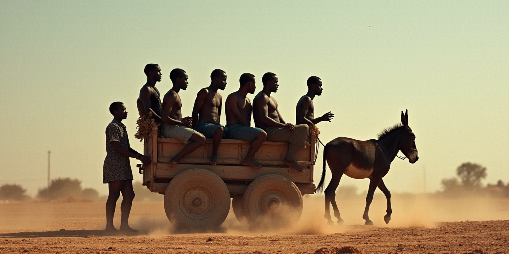 a group of people sitting on a cart with a donkey in front of them and a man standing behind them, C