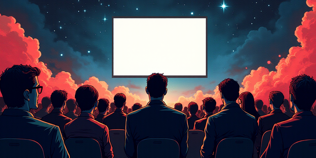 a group of people sitting on a stage with a screen in the background and a speaker in the foreground