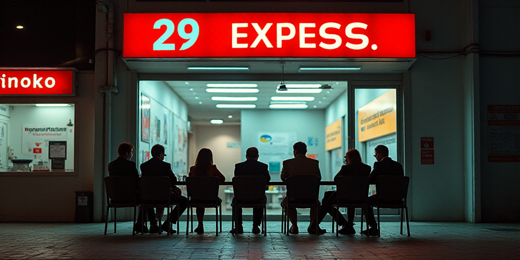 a group of people sitting on chairs in front of a sign that says merco express as 29 empesas, Carlos