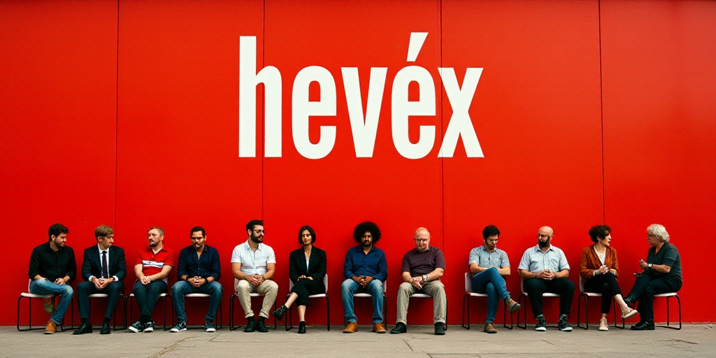 a group of people sitting on chairs in front of a red wall with a sign that says hevex, Eduardo Lefe