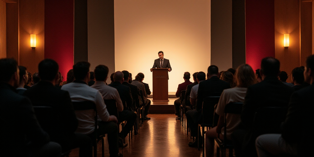a group of people sitting on chairs in front of a stage with a man speaking at a podium in front of