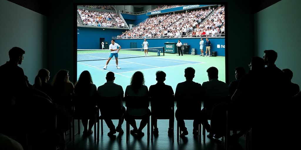 a group of people sitting on chairs in front of a large screen with a picture of tennis players on i