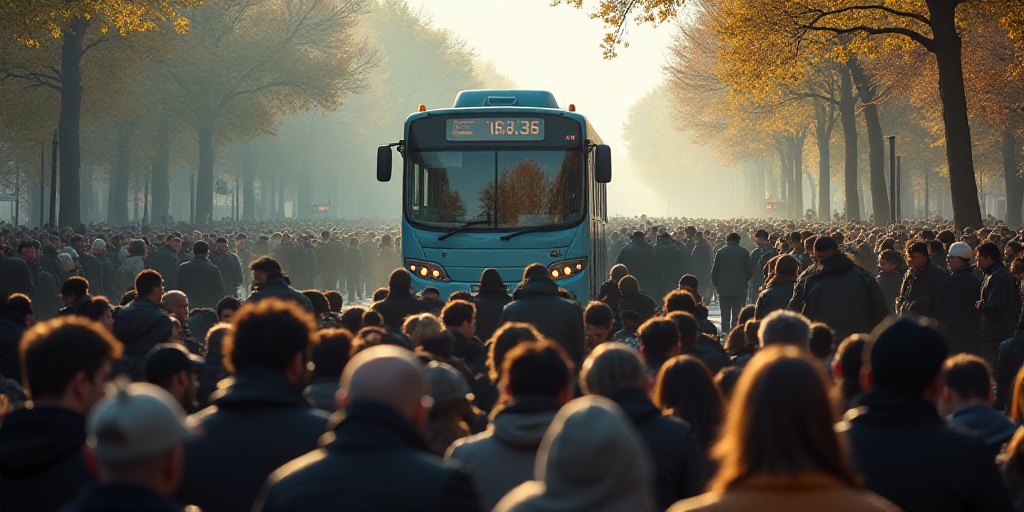 a group of people sitting on the ground in front of a bus and a crowd of people standing around, Ami
