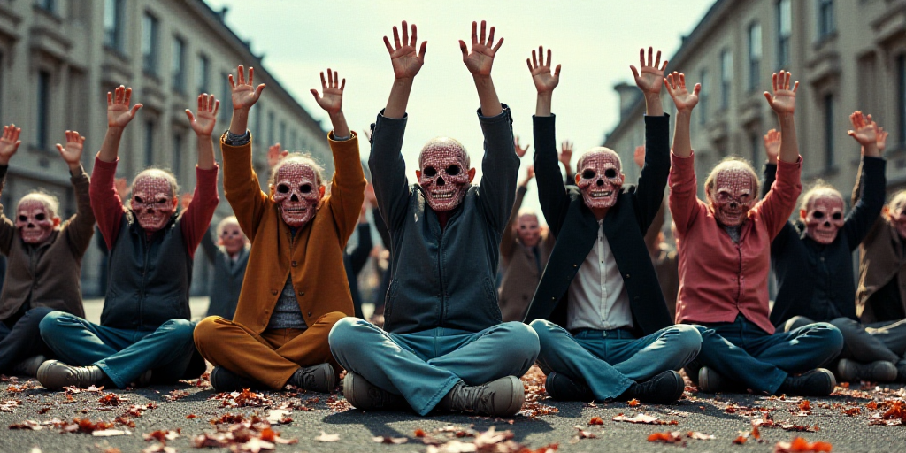 a group of people sitting on the ground with their hands up in the air and wearing masks on their fa