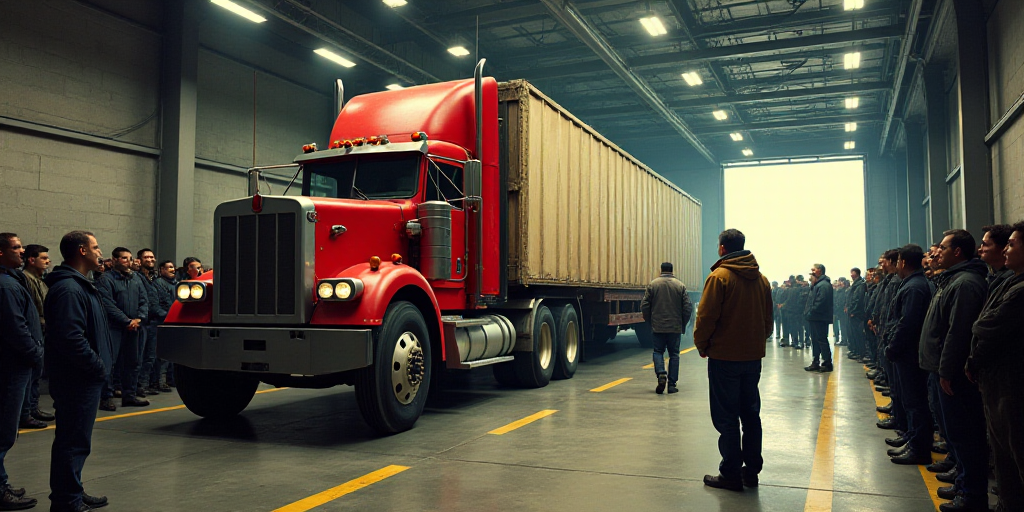 a group of people standing around a large truck in a garage area with a crowd of people standing aro