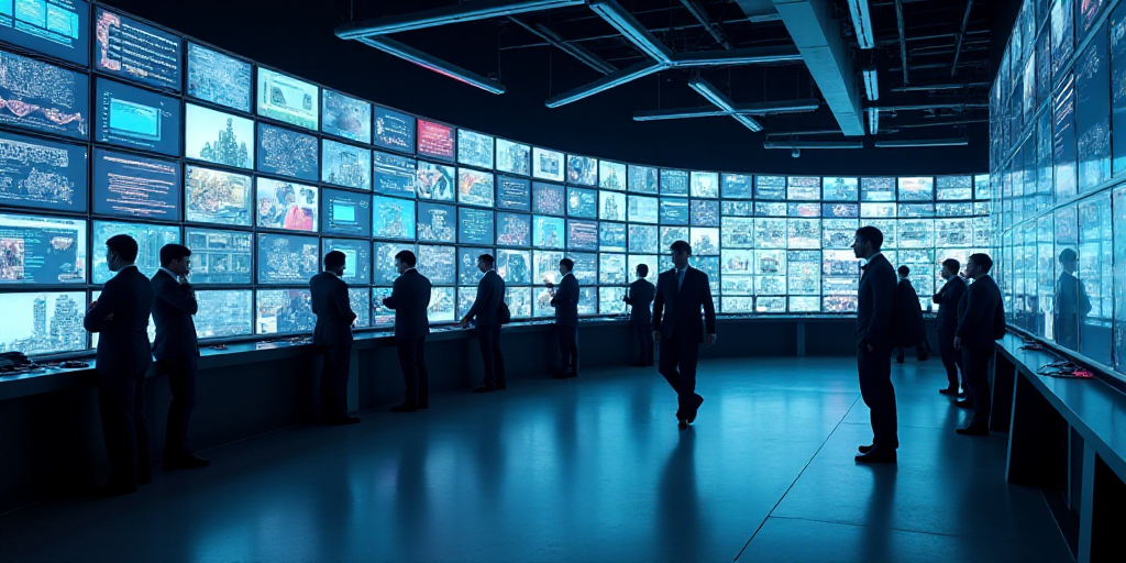 a group of people standing around a counter with lots of monitors on it's walls and a man walking by