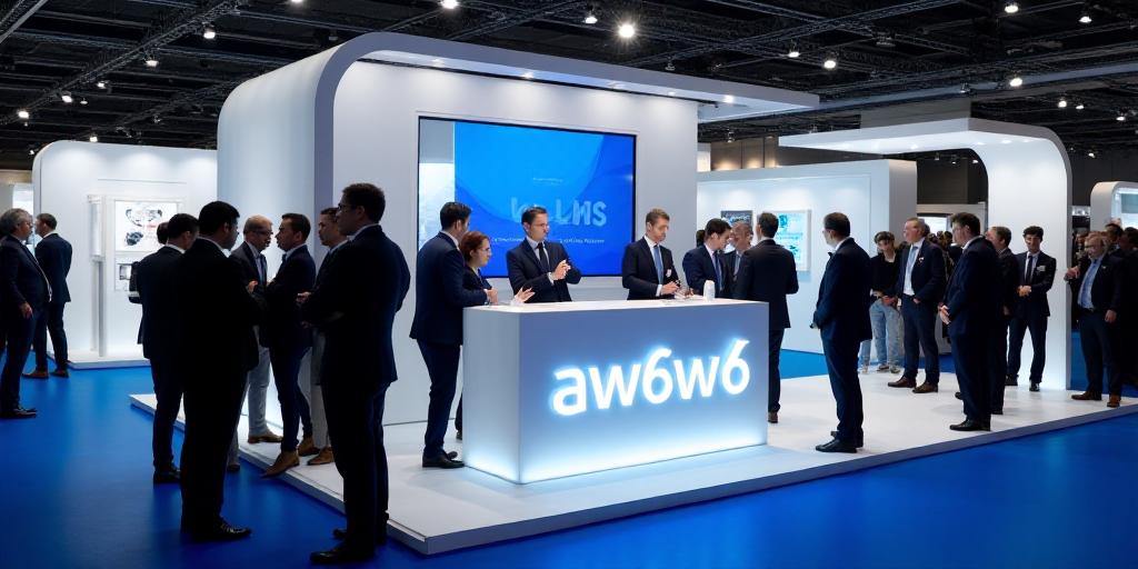 a group of people standing around a booth at a trade show with a sign that says aw6w6, Ai-Mitsu, in-