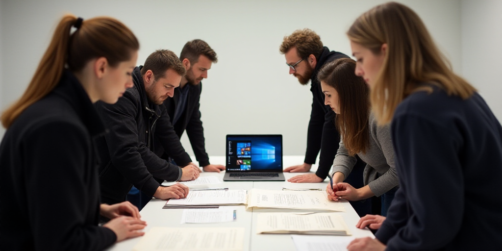 a group of people standing around a table with papers and papers on it, looking at a laptop screen,