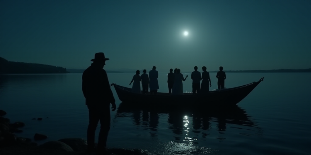 a group of people standing around a boat in the water at night time, and a man in a hat is standing