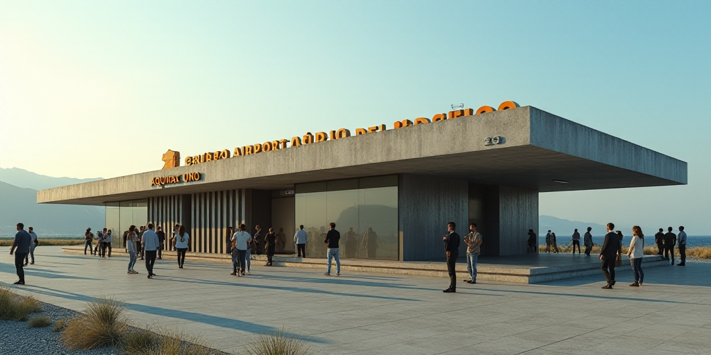 a group of people standing around a building with a sign on it that says grupo aeroportuario del pac