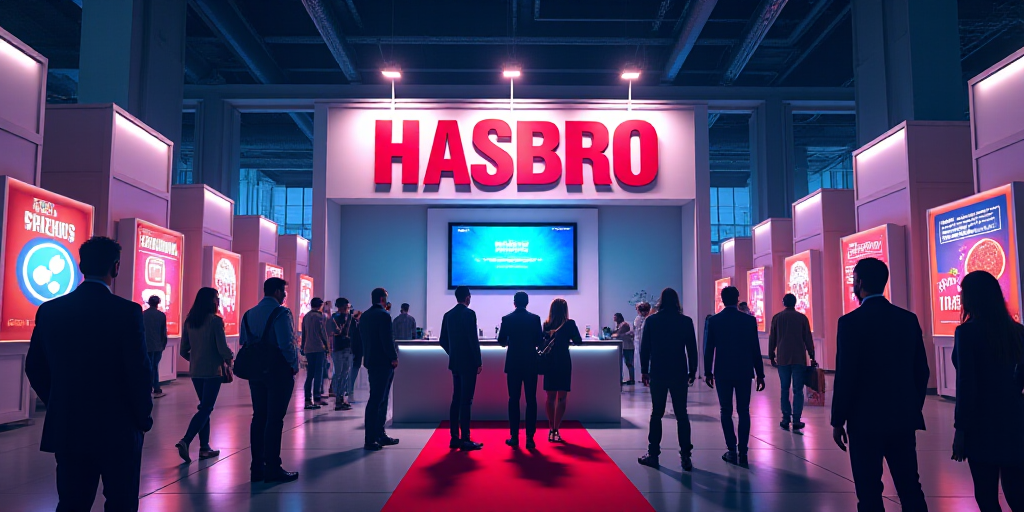 a group of people standing around a booth at a convention or show with a sign that says hasbro, Chri