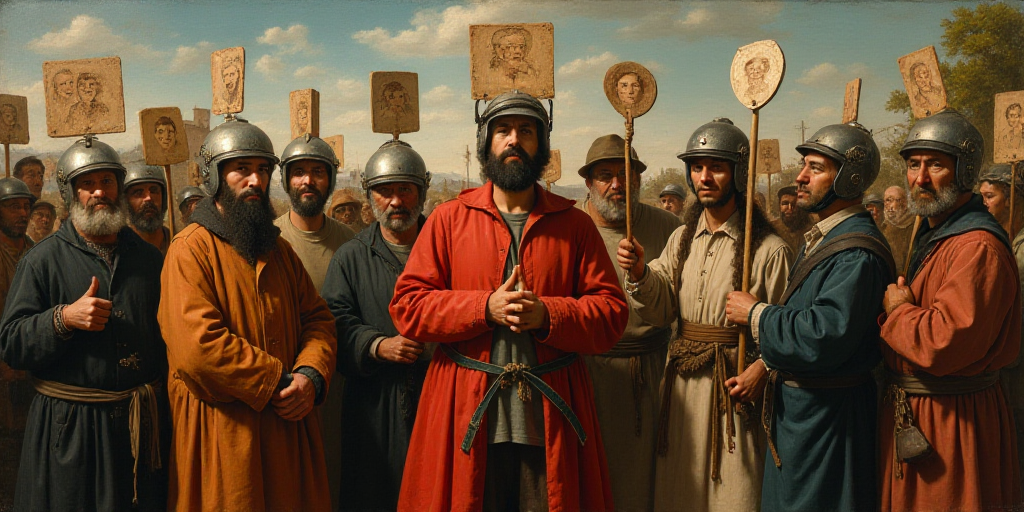 a group of people standing around each other holding signs and helmets on their heads and holding si