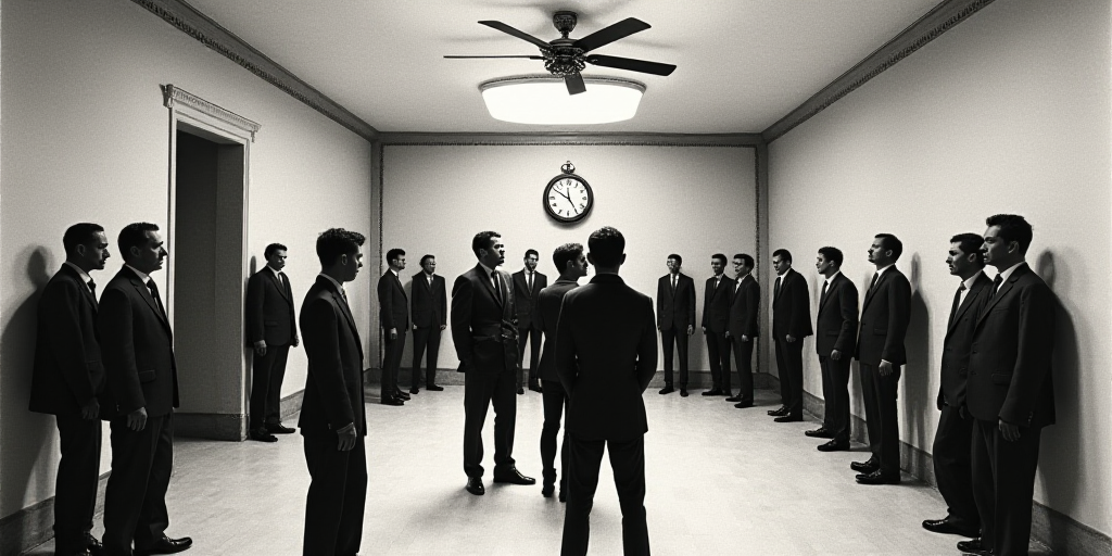 a group of people standing around a room with a ceiling fan and a clock on it's wall, David Diao, 1