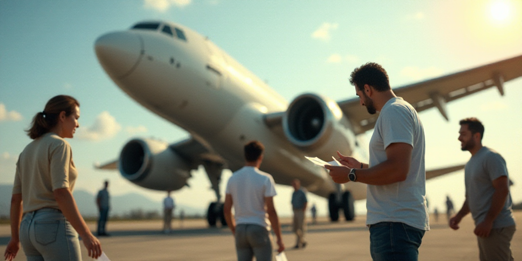 a group of people standing around a plane with a man holding a piece of paper in his hand and a woma