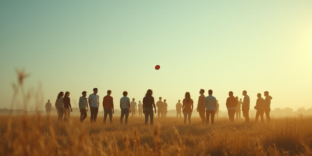 a group of people standing around each other in a field with a frisbee in the air in front of them,