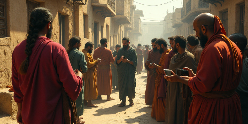 a group of people standing around a street with a cell phone in hand and a person holding a camera,