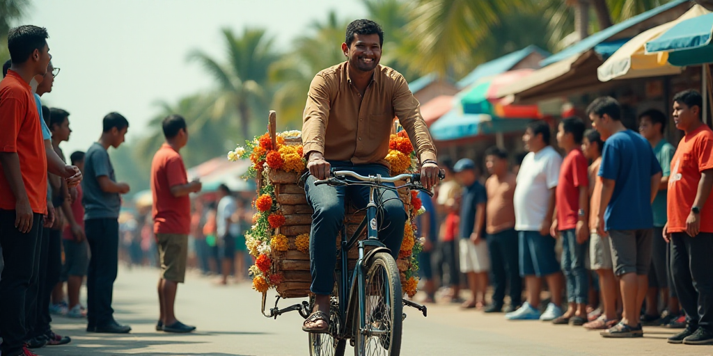 a group of people standing around a bike with a float on it's back and a man on a bike, Basuki Abdul