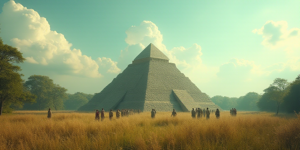 a group of people standing around a large pyramid in a field of grass and trees with a sky backgroun