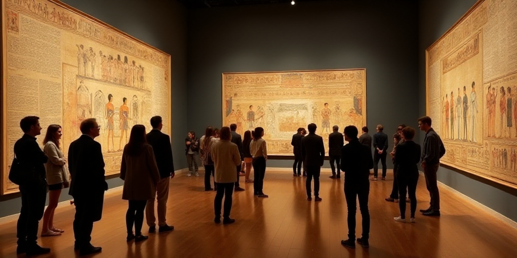 a group of people standing around a museum looking at art on display on a wall and a wooden floor, C