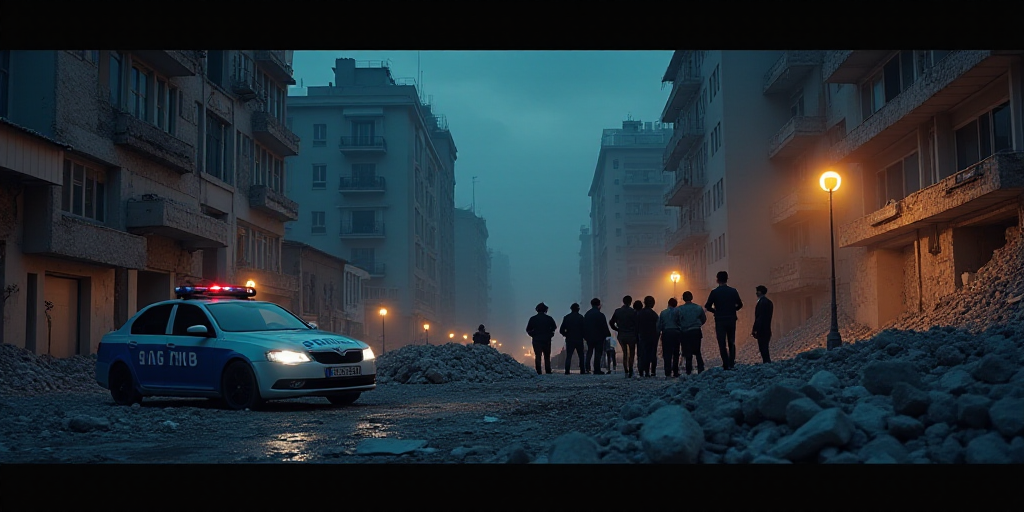 a group of people standing around a pile of rubble in a city at night time with a police car parked