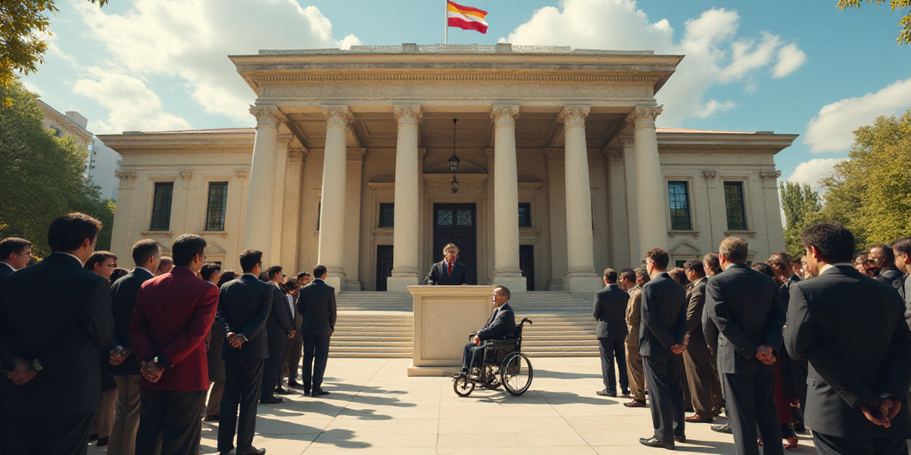 a group of people standing around a podium in front of a building with a flag on it and a man in a w
