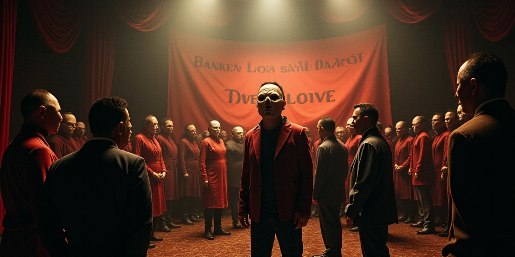 a group of people standing around a stage with masks on it's face and a banner behind them, Ceferí