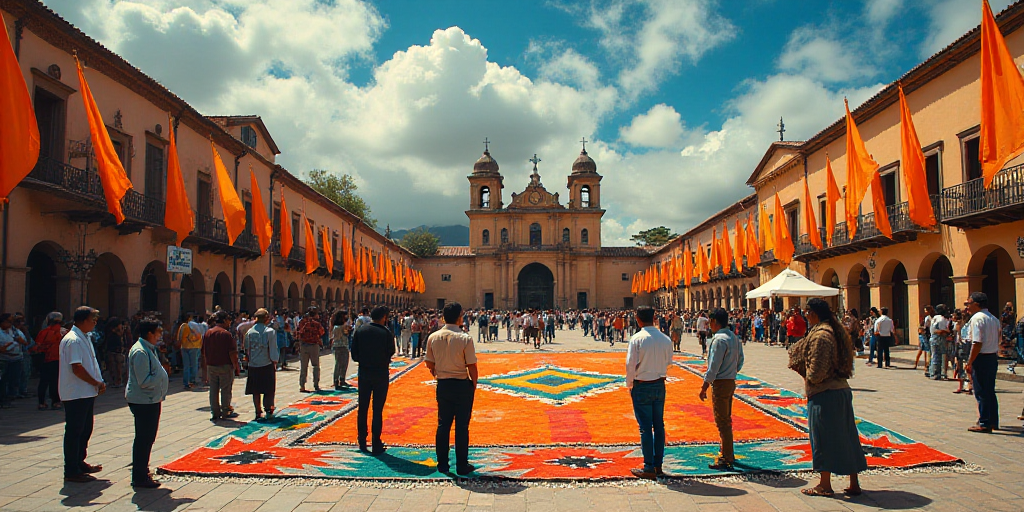 a group of people standing around a colorful rug on a street corner with orange flags on it and a la