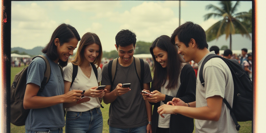 a group of people standing around each other and smiling at something on a cell phone in front of a