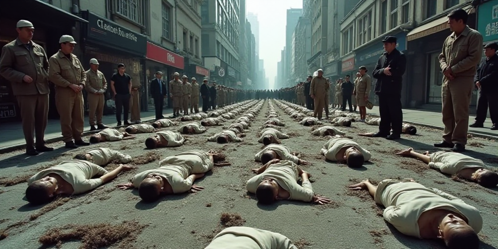 a group of people standing around a bunch of dead bodies on the ground in a street with people stand