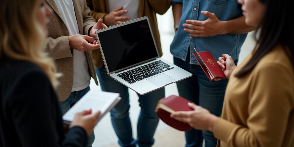 a group of people standing around each other with a laptop computer in their hands and a book in the