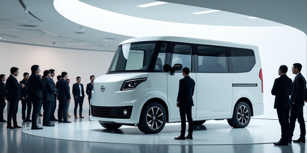 a group of people standing around a white van on display at a showroom with a nissan sign above it,