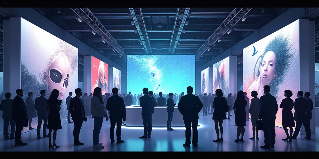 a group of people standing around a booth at a convention or show with aws on the wall above, Ai-Mit