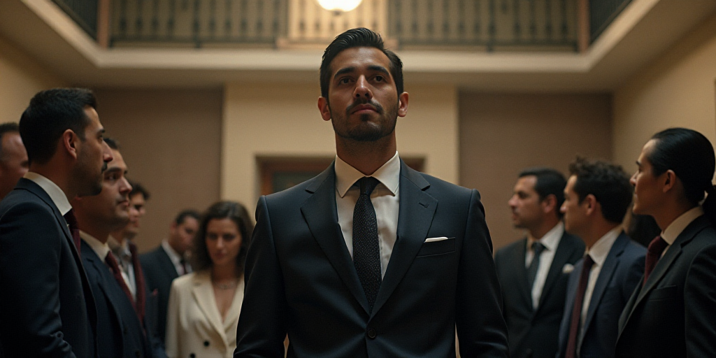 a group of people standing around each other in a room with a staircase and a balcony above them, an