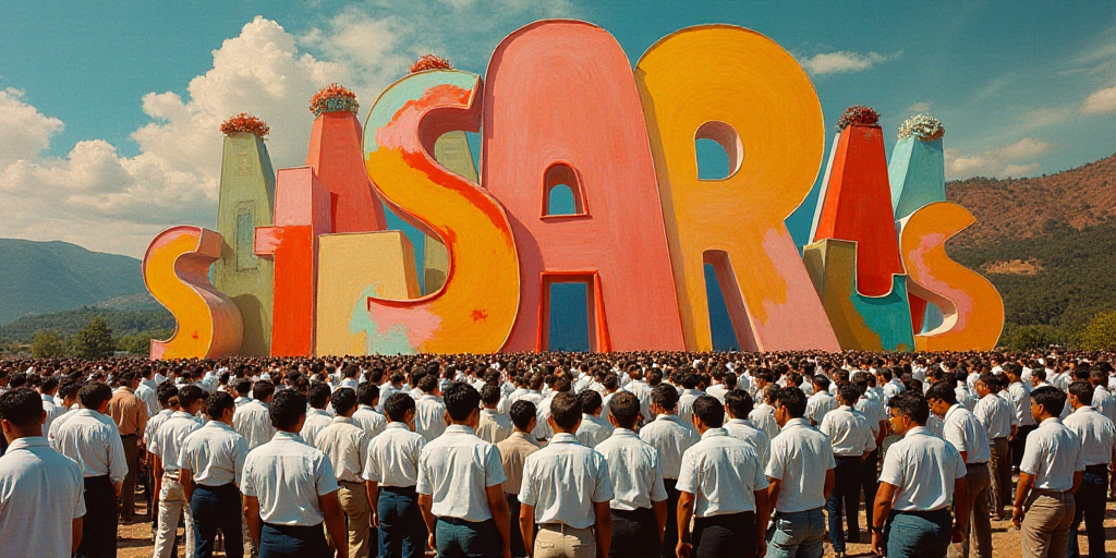 a group of people standing around a large sign in front of a crowd of people in white shirts and tie