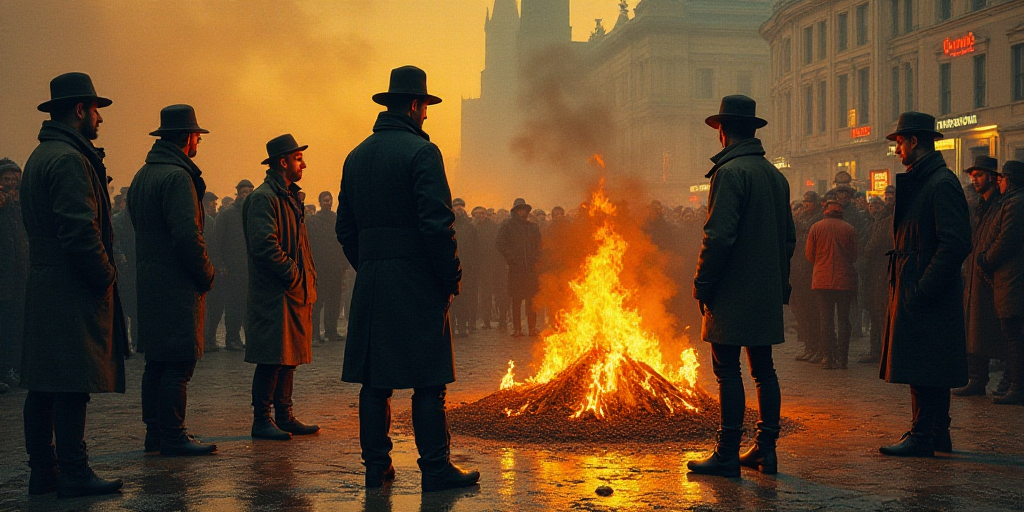 a group of people standing around a fire pit on a street with a crowd of people standing around it,
