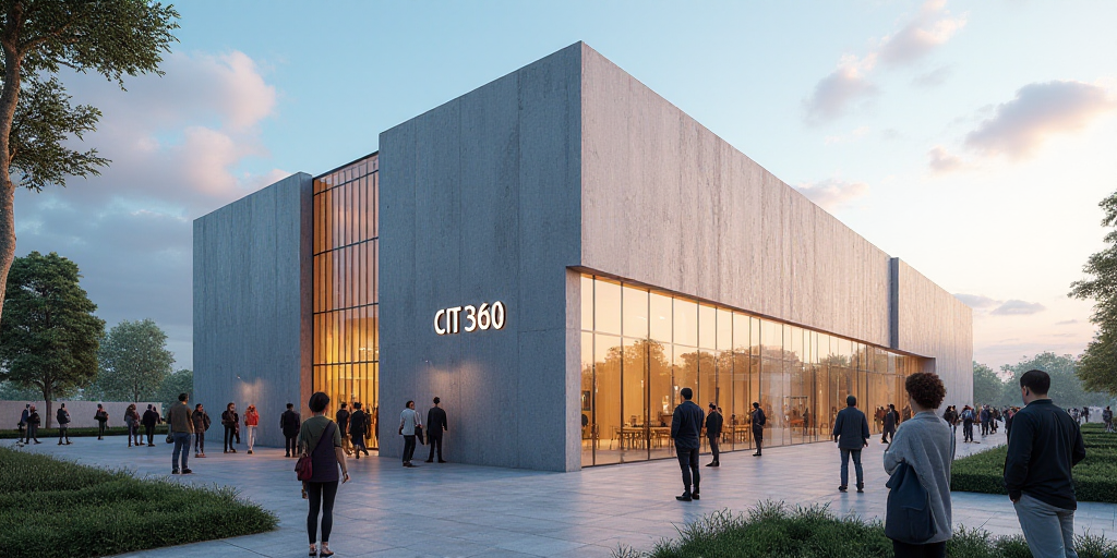 a group of people standing around a building with a cit logo on it's wall and a cit 360 logo on the