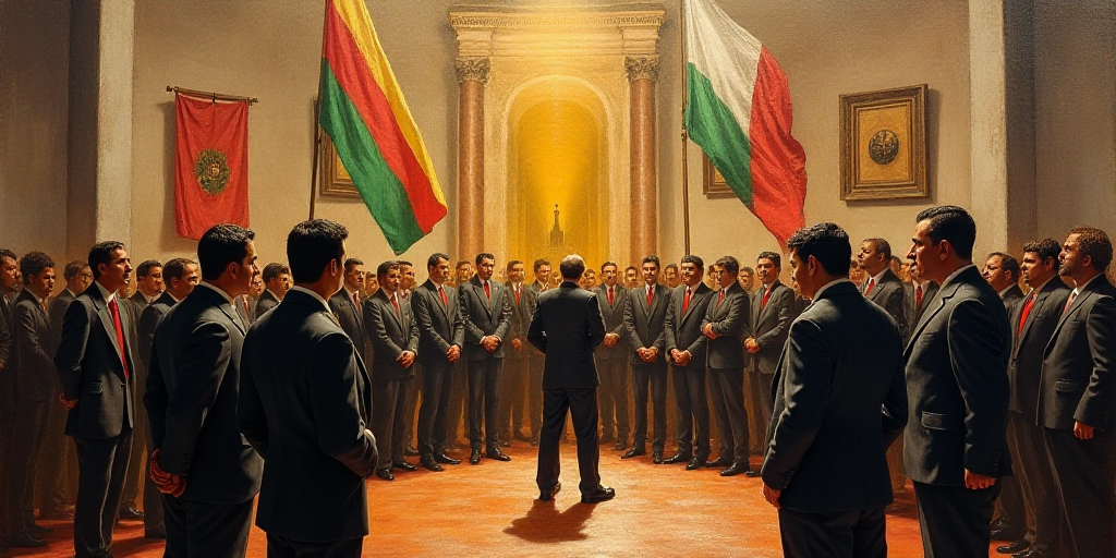 a group of people standing around each other in a room with flags and plaques on the wall behind the